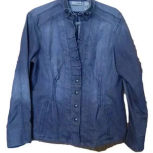 Chico's denim jacket with ruffle trim and silver buttons